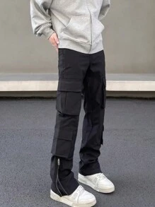 American Streetwear Pantaloni cargo funcționali, negri, cu fermoar, cu buzunare multiple, picior drept, ușor evazați, rezistenți la vânt - Negru - Vizualizare 4