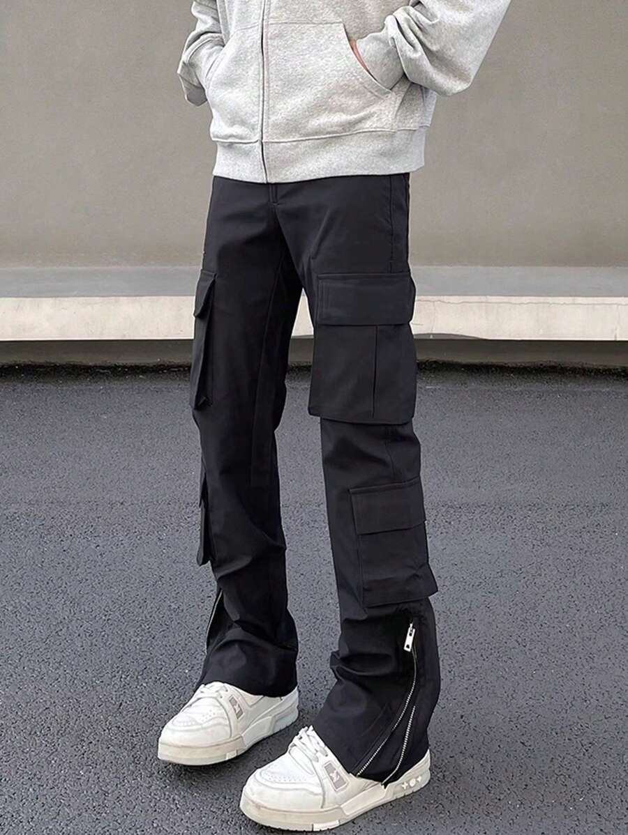 American Streetwear Pantaloni cargo funcționali, negri, cu fermoar, cu buzunare multiple, picior drept, ușor evazați, rezistenți la vânt - Negru - Vizualizare 1