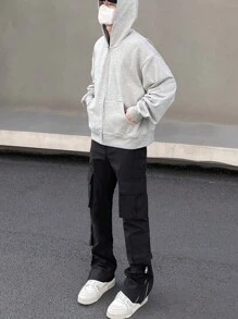 American Streetwear Pantaloni cargo funcționali, negri, cu fermoar, cu buzunare multiple, picior drept, ușor evazați, rezistenți la vânt - Negru - Vizualizare 5