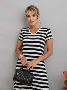 Long Dress Short Sleeve Fashion Comfy Super Comfortable With Pocket - Hitam dan Putih - View 4