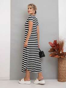 Long Dress Short Sleeve Fashion Comfy Super Comfortable With Pocket - Hitam dan Putih - View 2