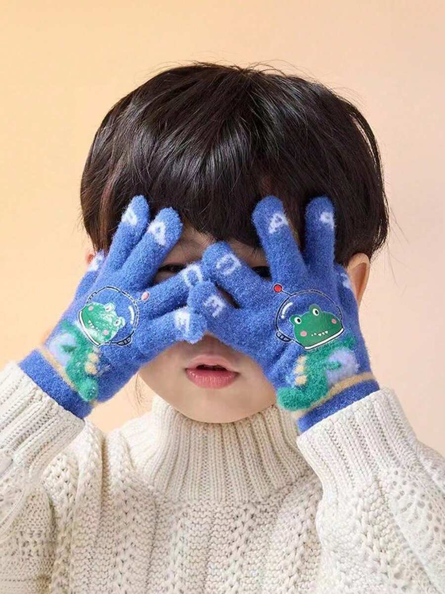 1 Pair Kids Cartoon Dinosaur Knitted Warm Gloves, Finger Mittens For Autumn/Winter - Fingerless Gloves - View 1