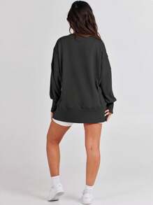 Woman's Solid Color Sweatshirt Sport Style, Crew Neck Long Sleeves Hem Split, Idea For Fall & Spring - 黑色 - 查看 3