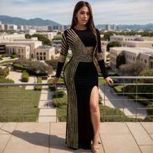 PORRCEY Women's Hot Diamond Craft Sexy Long Sleeve Dress Sexy Dress Party Club Evening Dress  Christmas Party New Year Eve Thanksgiving Family Outfits Valentine's Day Date Nght Carnival Masquerade Ball  Chinese New Year Wedding, Bachelor Party - Vàng - Xem 1