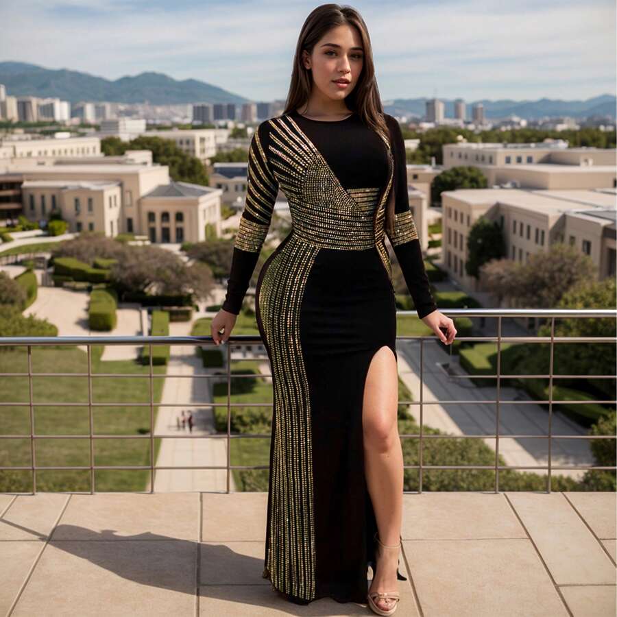 PORRCEY Women's Hot Diamond Craft Sexy Long Sleeve Dress Sexy Dress Party Club Evening Dress  Christmas Party New Year Eve Thanksgiving Family Outfits Valentine's Day Date Nght Carnival Masquerade Ball  Chinese New Year Wedding, Bachelor Party - Vàng - Xem 1