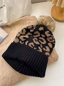 1顶时尚豹纹卷边毛球针织帽，轻盈保暖，加厚纱线，扎染图案，女士款，适合感恩节/户外活动，时尚配饰 - 針織帽 - 查看 10