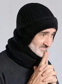 1 件装男士冬季新款加厚保暖内衬护耳针织帽，骑行保暖无檐小便帽 - 毛絨-黑色 - 查看 3