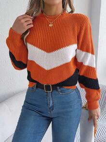 Suéter naranja de mujer con cuello redondo, de manga larga y a rayas con contraste de color, nuevo para el invierno - Naranja - Ver 4