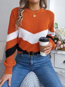 Suéter naranja de mujer con cuello redondo, de manga larga y a rayas con contraste de color, nuevo para el invierno - Naranja - Ver 6
