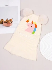 1 pièce Capuchon d'oreilles en tricot épais, chaud et coupe-vent pour l'hiver, avec broderie de personnage de dessin animé mignon et double pompon, pour fille