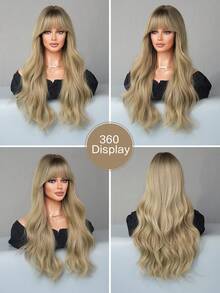 Tóc giả màu vàng ombre có mái xoăn gợn sóng cho nữ 26 inch chịu nhiệt, tóc giả tổng hợp mờ trông tự nhiên, dùng cho tiệc tùng hàng ngày Peluca - Tóc vàng ombre - Xem 5
