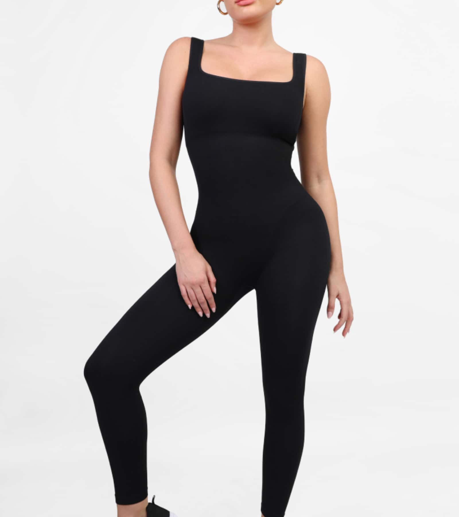 Popilush Jumpsuits For Women Built-In Bra Square Neck Ribbed Bodycon Workout Seamless Leggings Rompers Bodysuits - Black - View 1