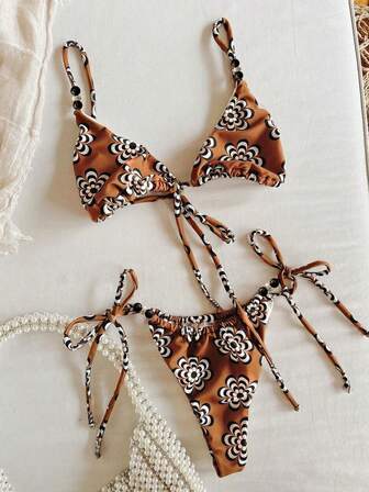 PEPPERMOLLY 全新柔软加垫吊带花卉印花条纹系带侧性感比基尼，海滩夏季时尚女式泳衣