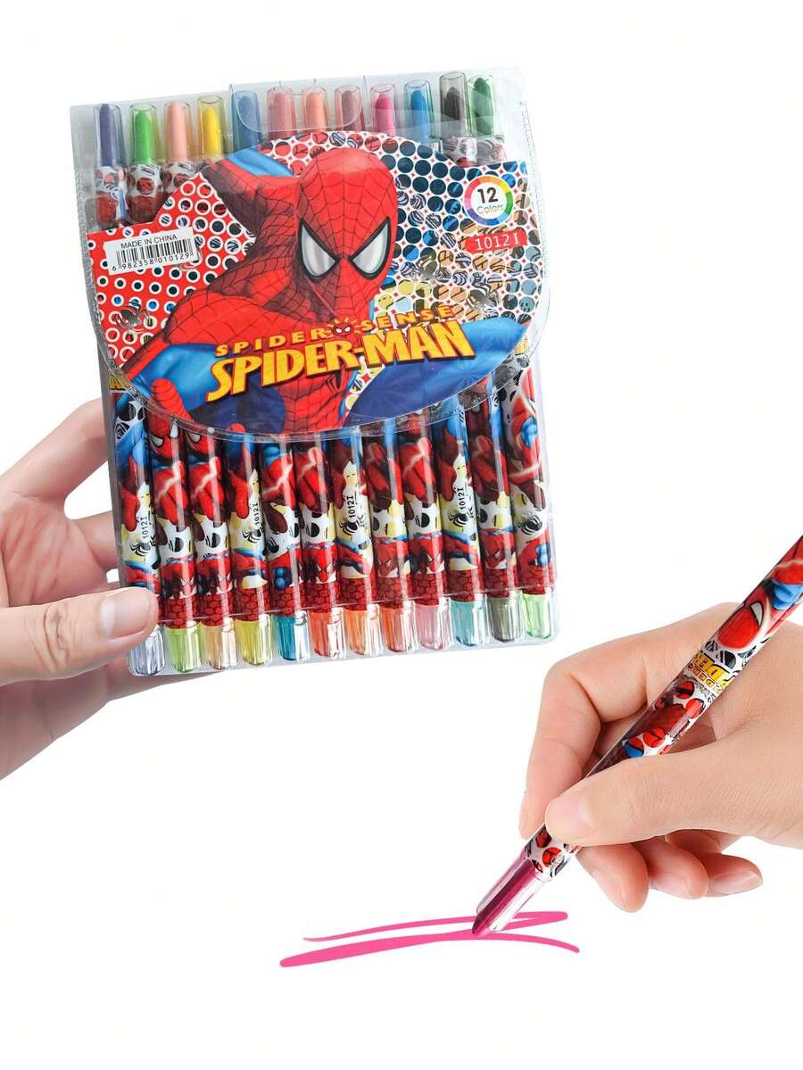 Disney SpiderMan Cartoon Rotating Crayons 12 Colors Drawing Pens Paint