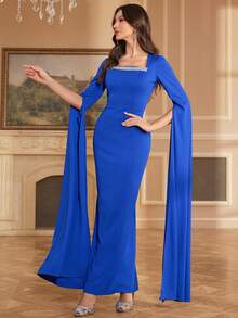 Long Sleeve Embroidered Drawstring Dress With Extra Long Slit Sleeves, Elegant Arabian Style - Blue - View 3