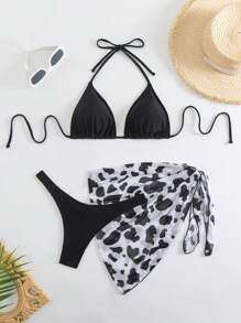 RWX VEST 3 Piece Bikini With Beach Cover-Up Plain Panties - Elegant Thong Beautiful Colors A3034 - màu đen - Xem 1