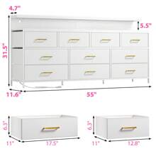 EnHomee 55" W Long Dresser With 10 Fabric Drawers & LED Lights & Power Outlets, Large Dresser For Bedroom, Room Decor, Home Decor, Suitable For 60" TV, White - 查看 8