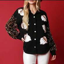 Women Christmas Sequin Cardigan Funny Graphic Open Front Button Down Sweater Xmas Knitted Long Sleeve Cardigan Top - Black - View 3