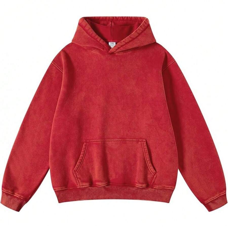 Mens Hoodies Pullover Oversized Hoodie Wash Plush Cotton Hooded Sweatshirt Vintage Heavyweight Hoodie Men Streetwear - Red - View 1