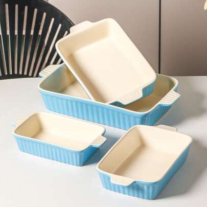 MALACASA 4 Pieces Baking Tray, Blue Set, Porcelain Baking Tray With Handle, Colour-Galzed Ceramics, Different Size
