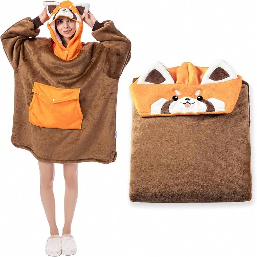 Sudadera con capucha y bolsillo grande tipo manta vestible de Sherpa, como regalo de cumpleaños para mamá, mujeres, novia, hombres, oversize y cómoda, color marrón - Cabeza de mapache - Ver 1