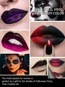 Ushas, Matte Lipstick Black Waterproof Long Lasting Lipstick No Fading Lipstick Lip Gloss Cosmetics Party Makeup Dark Color, Halloween Gift - #01 - 查看 4