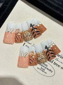 10 件/包长鳄鱼指甲贴，时尚法式豹纹虎纹迷人全息蝴蝶结设计，手工制作 3D 指甲贴花，适合日常佩戴 - 彩色 - 查看 12