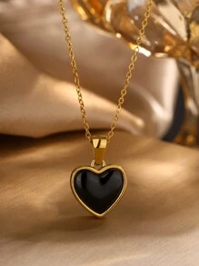 VceTd 1 件优雅复古风格多色女王心形 18K 镀金不锈钢可翻转吊坠项链，适合女性在宴会、婚礼或情人节礼物中佩戴 - 金黃色 - 查看 12