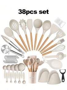 36pcs Set,36pcs Silicone Kitchen Cooking Utensils, Heat-Resistant Cooking Utensils Set Of Wooden Handles, Non-Stick Kitchen Gadgets, Including Scraper Spoons, Pizza Knives, Kitchen Stuff Kitchen Accessories Home Kitchen Items - Khaki - View 16