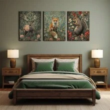 三件套威廉·莫里斯花卉植物主题复古艺术帆布海报，包含鹿、狐狸和松鼠图案，不含画框 - 彩色 - 查看 2