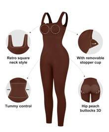Popilush Jumpsuits For Women Built-In Bra Square Neck Ribbed Bodycon Workout Seamless Leggings Rompers Bodysuits - Brown - View 2
