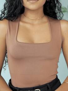 Kit 2 Women's Bodysuit Square Neckline Wide Strap Plain Suplex Tank Top Casual - Màu nâu  Mocha - Xem 4