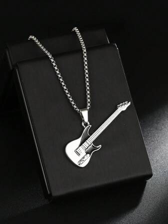 1pc New European & American Popular Hip Hop Rock Music Guitar Pendant Necklace, Birthday Jewellery Gift, Unisex Casual Street Dance Titanium Steel Durable Long Sweater Chain