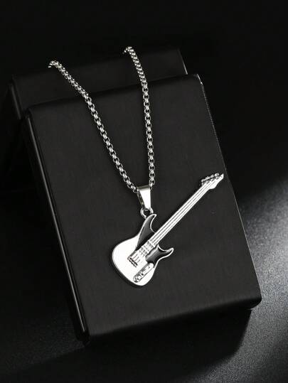 1pc New European & American Popular Hip Hop Rock Music Guitar Pendant Necklace, Birthday Jewellery Gift, Unisex Casual Street Dance Titanium Steel Durable Long Sweater Chain