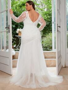 Plus Wedding Dress Floral Mesh Formal Gowns Long Sleeve,Bride - White - View 3