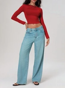 Womens Autumn Slim Cropped Tops, Solid Color Round-Neck Long Sleeve Show Navel T-Shirt - Red - View 3
