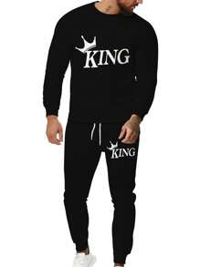 Costume décontracté de mode pour homme grande taille, ensemble deux pièces imprimé, couronne de roi, comprenant un sweat-shirt col rond et un pantalon de survêtement à cordon de serrage avec poche - Noir - Voir 1
