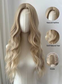 角色扮演前额蕾丝长波浪假发，中分假发，前额形蕾丝 4*1 棕黑色 26 英寸半编织日常自然、光滑、逼真假发 - 挑染棕色 - 查看 13