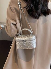 1pc Mini Women Handbag Fashion Solid Color Embroidered Rhombus Pattern Crossbody Bag, Suitable For Holding Card Cases & Keys - Silver - View 5