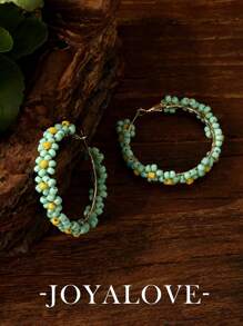 Joyalove 1 件波西米亚风串珠耳环女士精致串珠可爱雏菊花朵珠宝手工设计节日派对女孩礼物 - 青碧色 - 查看 3