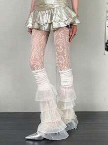 1件装多层珍珠串珠荷叶边撞色蕾丝腿套，Y2k风格，舒适