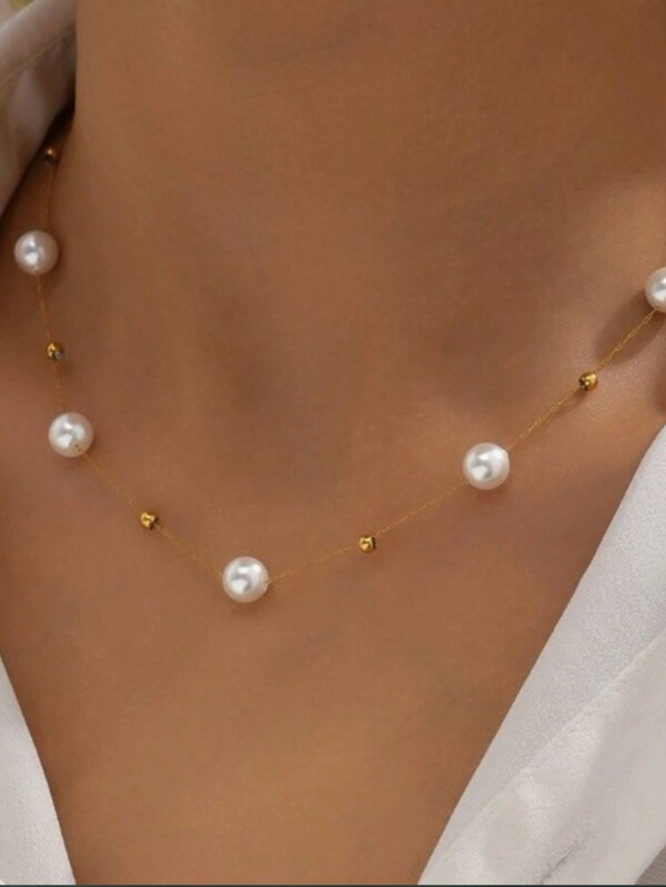 1pc Faux Pearl Chain Beaded Necklace, Suitable For Weddings And Formal Events