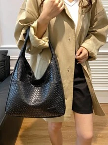 女士时尚宽肩包，大容量手提包-拉链开合多功能单肩包手提包，水桶包，简约 PU 皮革单肩包，耐用 PU 材料，涤纶衬里-卡其色/黑色/棕色可选，适合通勤、商务、宴会、年会、充满高级感的大学生 - 黑色 - 查看 14