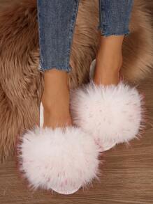 Damen Flauschige Pantoletten mit Riemen, offene Zeh flache Thermospantoffeln zum Tragen Drinnen & Outdoor, Herbst/Winter