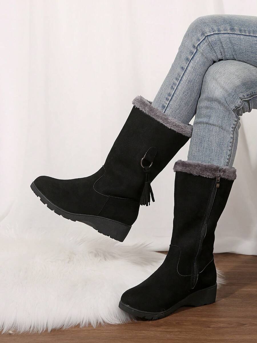 1 par de botas de neve femininas da moda - confortáveis, quentes, cano médio, bico redondo, forro de tecido macio, sola antiderrapante com zíper lateral, inverno