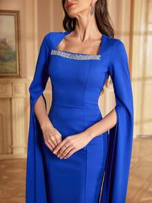 Long Sleeve Embroidered Drawstring Dress With Extra Long Slit Sleeves, Elegant Arabian Style - Blue - View 4