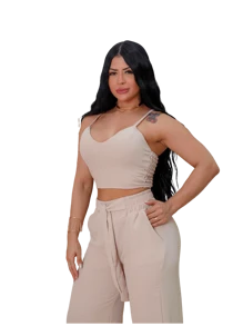 Women's Set: Wide Leg Pants And Cropped Top With Adjustable Straps, Cropped Top And Pants In Autumn And Winter Colors - Beige - View 2