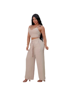 Women's Set: Wide Leg Pants And Cropped Top With Adjustable Straps, Cropped Top And Pants In Autumn And Winter Colors - Beige - View 1