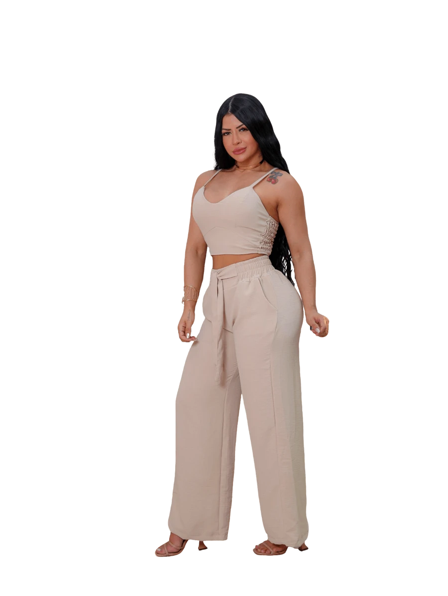 Women's Set: Wide Leg Pants And Cropped Top With Adjustable Straps, Cropped Top And Pants In Autumn And Winter Colors - Beige - View 1