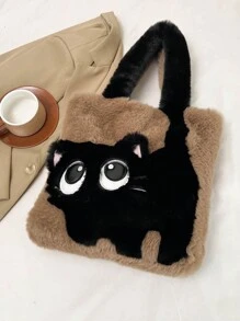 Fashion Cute Cat Pattern Shoulder Bag, Autumn Winter Plush Tote Bag, Cartoon Color Contrast Large Capacity Diagonal Crossbody Bag